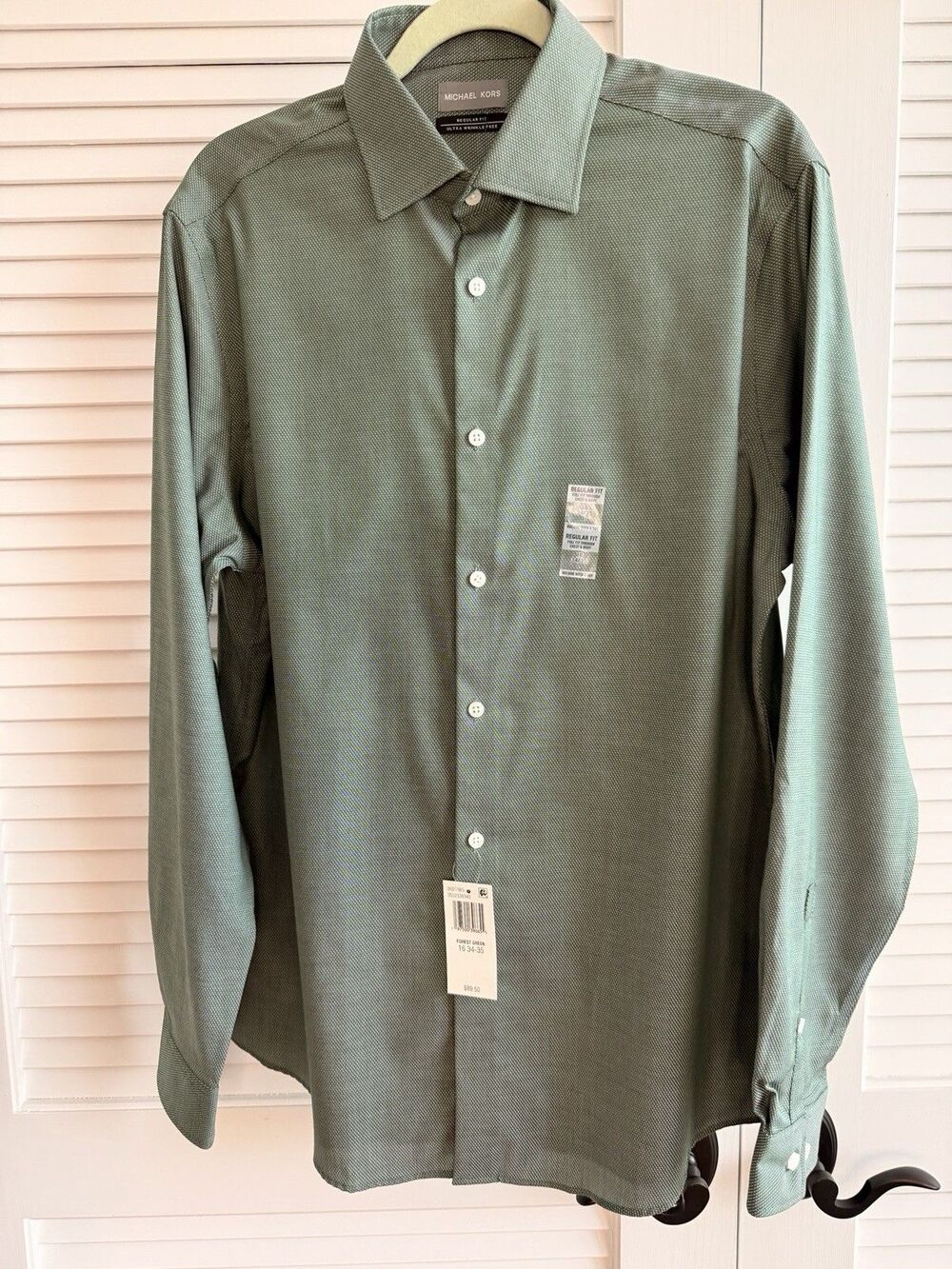 NWT Michael Kors Dress Shirt 16 34/35 Large Green Regular Fit Wrinkle Free